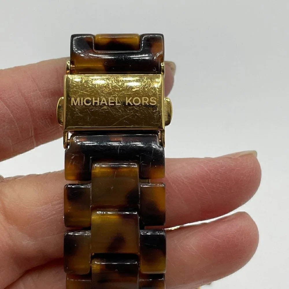 Michael Kors Ritz Simulated Tortoise Goldtone Case Sub Dials Women Watch MK5038